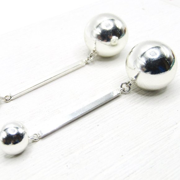 Mod Ball Dangle Earrings Silver Tone 3" Drop Geometric - Picture 2 of 2